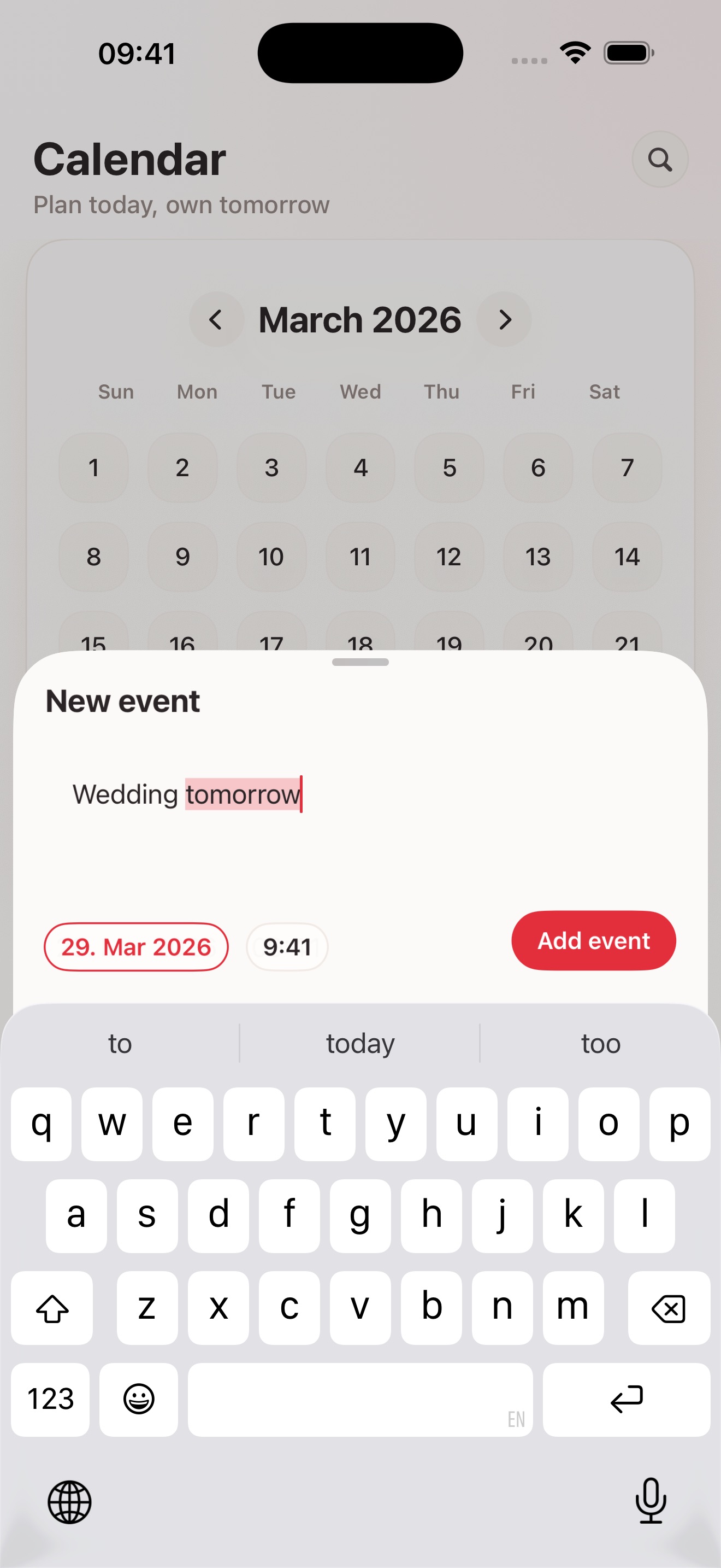 Add event sheet creating a new calendar event.