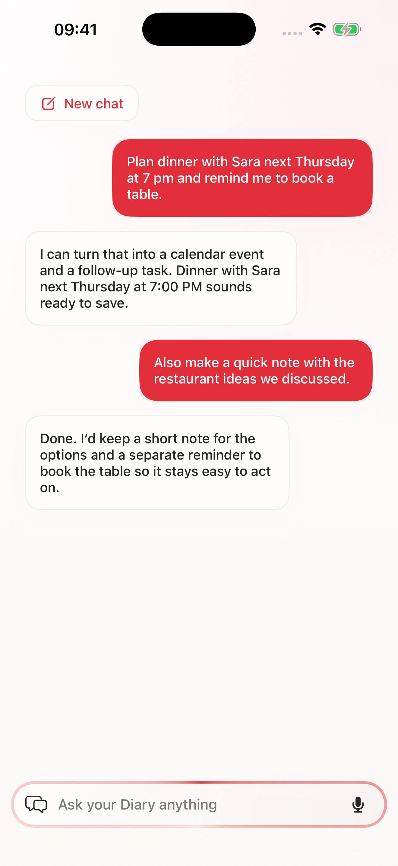 Ask AI conversation turning a dinner plan into a calendar event and a quick note.