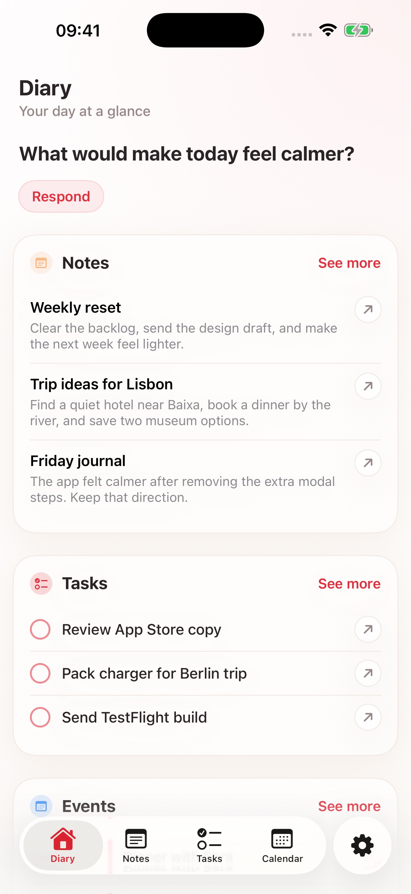 Journella home screen showing notes, tasks, and upcoming events together.