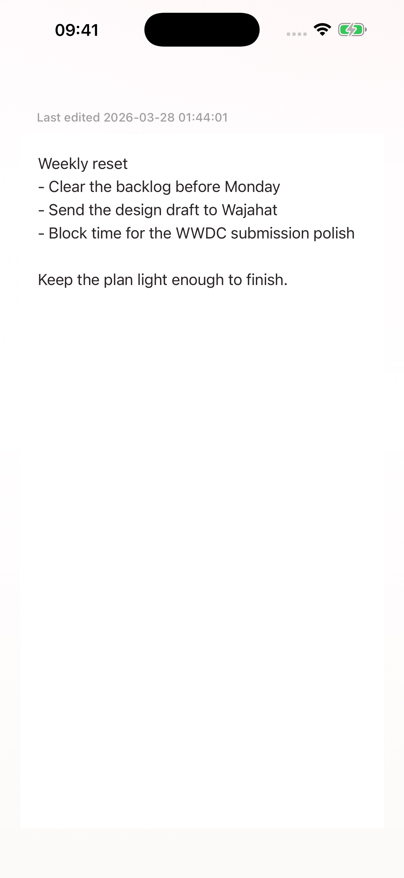 Note editing screen with a weekly reset checklist.