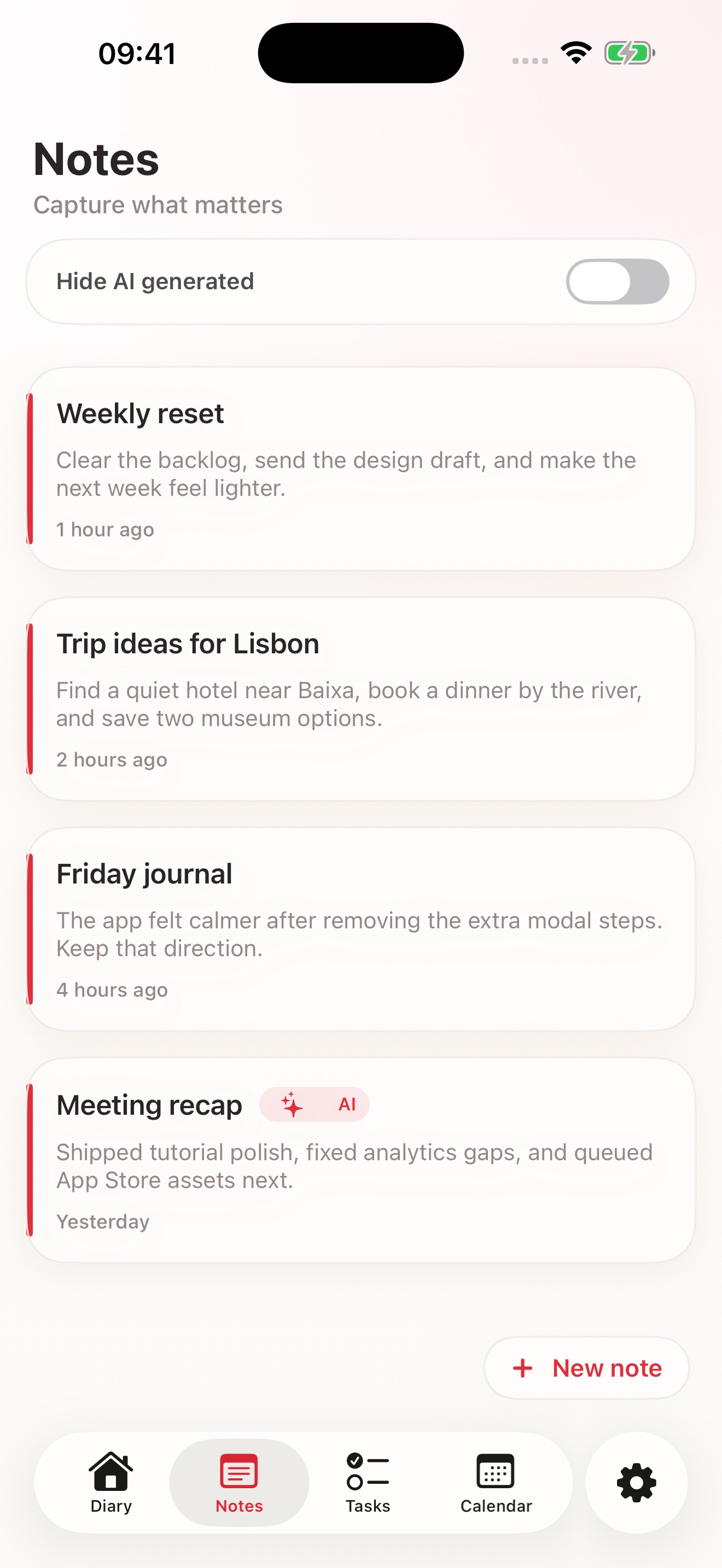 Notes screen showing recent entries and an AI-generated note badge.