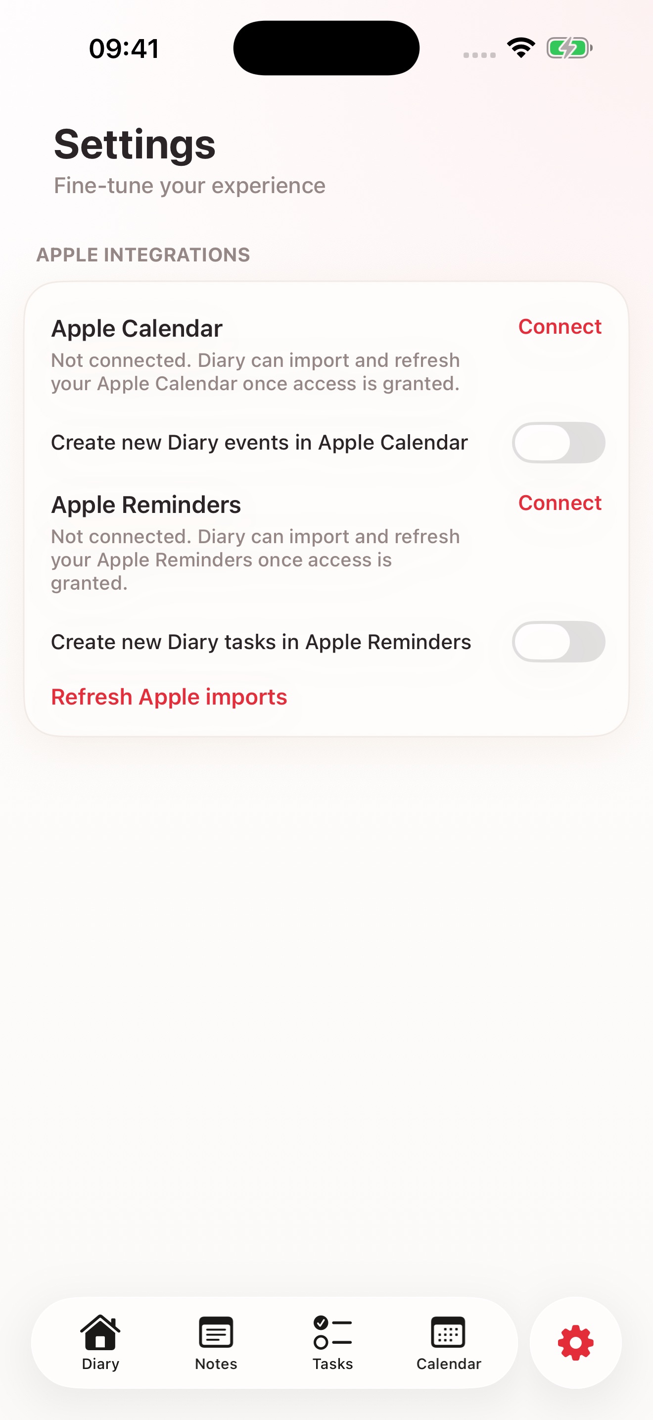 Settings screen showing Apple Calendar and Apple Reminders integration controls.