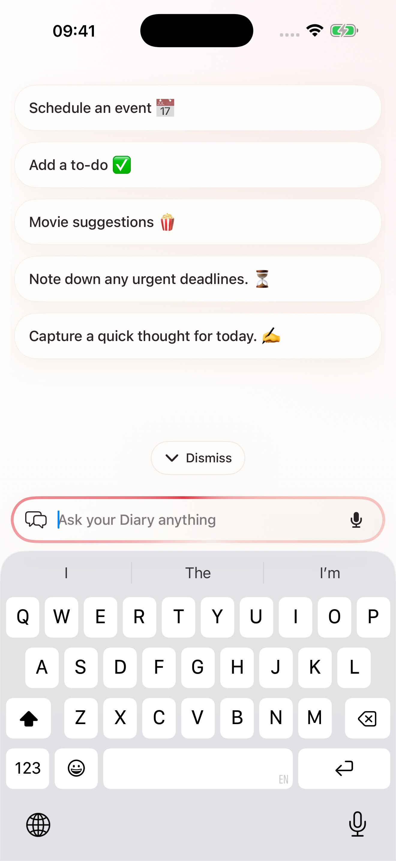 Ask AI suggestions screen with quick prompt ideas above the input bar.