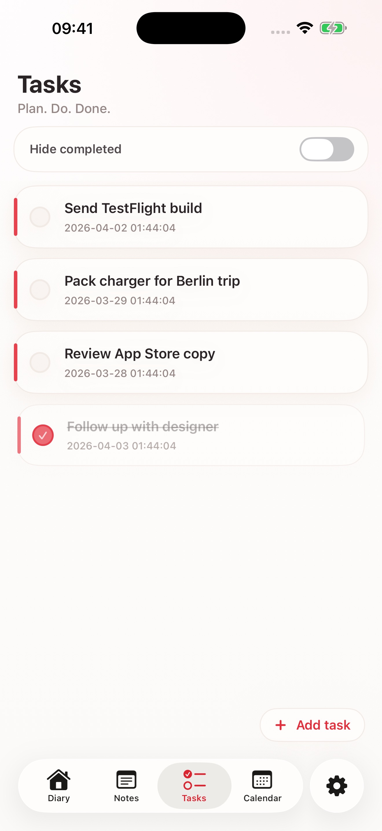 Tasks screen showing open and completed to-dos.